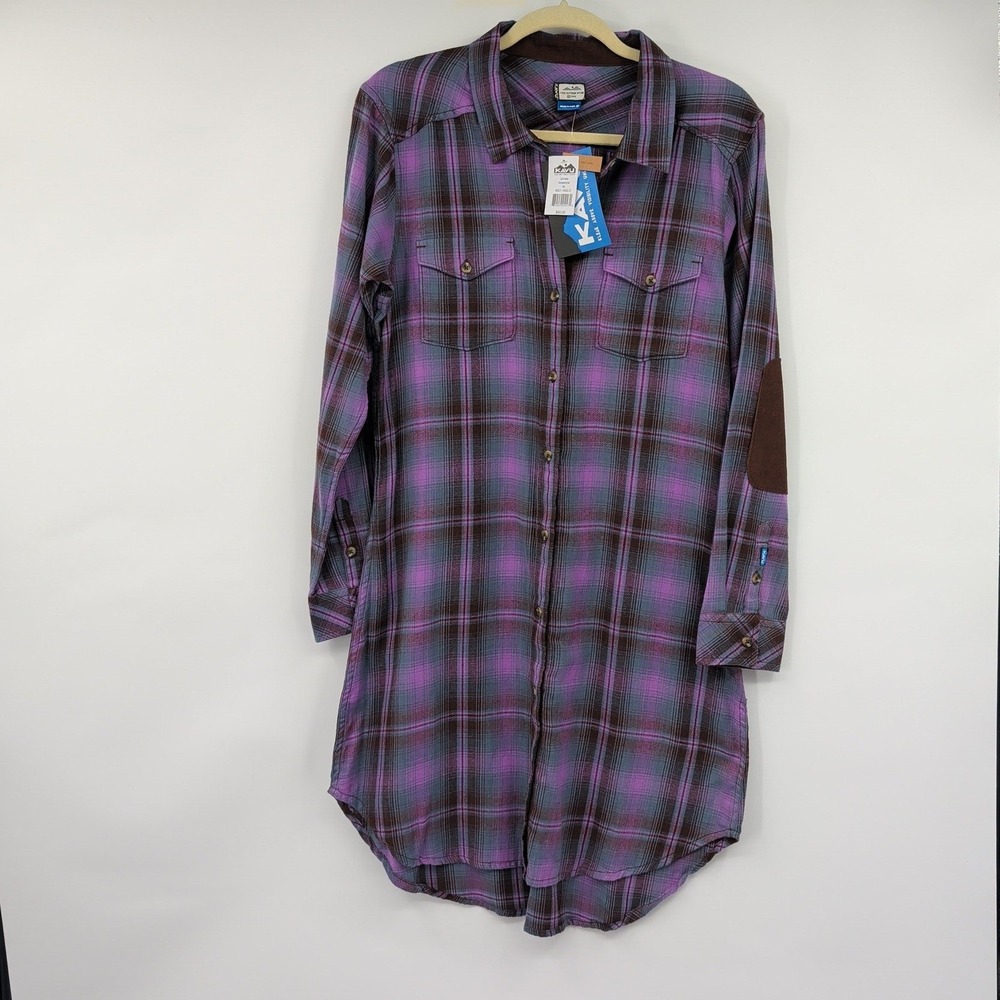 KAVU Womens Plaid Button Down Shirt Dress Purple Brown Corduroy Elbow Patches M